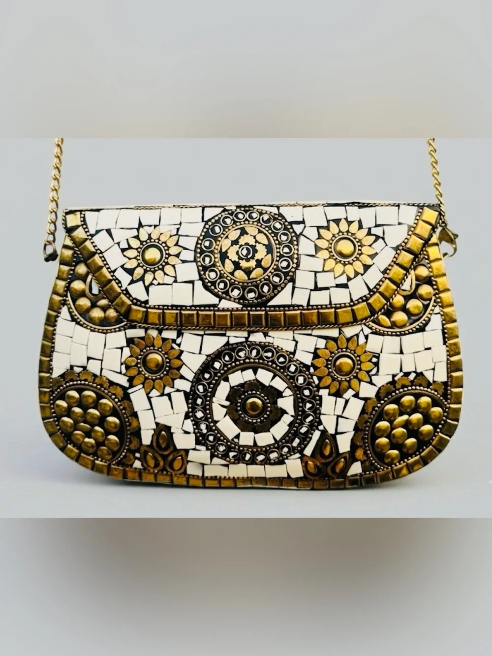 Antik Kraft Handmade White and Gold Mosaic Metal Clutch Bag |Artisanal Crossbody - Picture 2 of 9